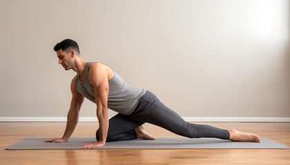 Fototapeta na wymiar Man Practicing Wind-Relieving Yoga Pose on Floor - Side View