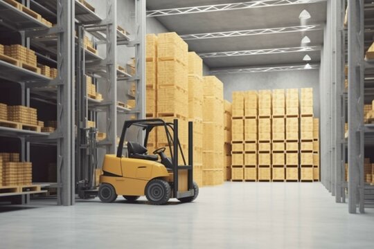 3D illustration of shelves and forklift in a warehouse. Generative AI