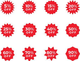 Price tags, special offer or shopping discount label with percent, discount. Red Paper sticker. 10, 20, 25, 30, 35, 40, 50, 60, 70, 80, 90 percent price. Promotional sale. Vector illustration.