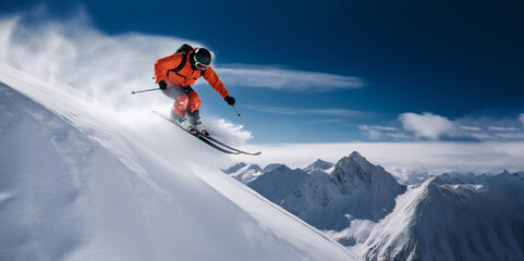Skier Dropping in the Winter Alps Mountains