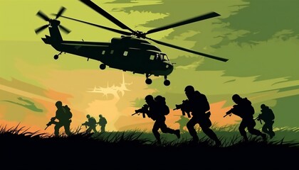 Fototapeta na wymiar Soldiers Heading for Attack with Helicopters
