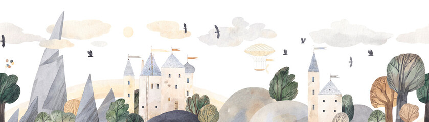 Medieval castle with mountains, hils and trees, clouds and birds. Horizontal seamless pattern. Watercolor illustration.