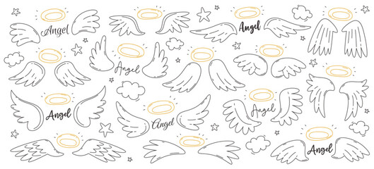 Angel wing and halo nimbus creative linear drawing with inscription isolated set on white background