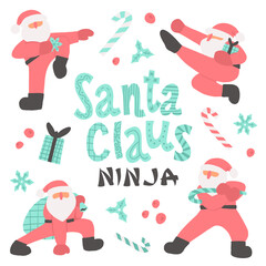 Christmas vector set of Santa Clauses in ninja poses, candy canes and gift boxes. 