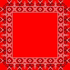 Vector illustration of Ukrainian ornament in ethnic style, identity, vyshyvanka, embroidery for print clothes, websites, banners. Background. Geometric design, border, copy space, frame