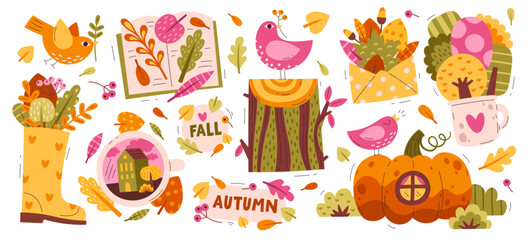 Cozy autumn items and objects with floral decoration and ornaments design vector illustration