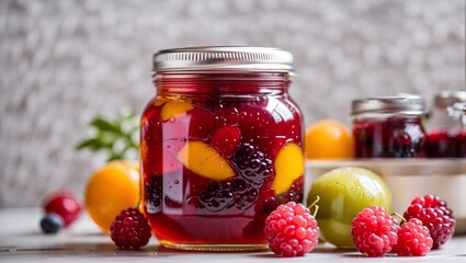 Fototapeta na wymiar Delecious and beautiful mix fruits jam in a glass jar close- up againts a white brick wall.