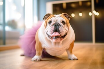 Headshot portrait photography of a smiling bulldog squatting wearing a tutu skirt against a soothing spa interior. With generative AI technology