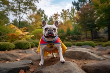 Environmental portrait photography of a funny french bulldog prancing wearing a superhero cape against a backdrop of a traditional japanese garden. With generative AI technology