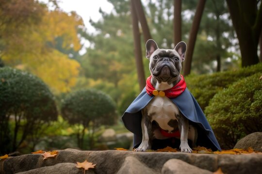Environmental portrait photography of a funny french bulldog prancing wearing a superhero cape against a backdrop of a traditional japanese garden. With generative AI technology