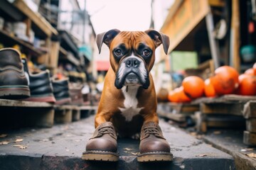 Headshot portrait photography of a cute boxer dog digging wearing a pair of booties against a...