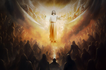 Jesus Christ our saviour, son of god, rises up to heaven in bright healing light, saving his followers and angels