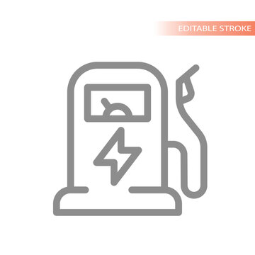 Fuel tank and gas station for electric car. Car charger pump outline vector icon.