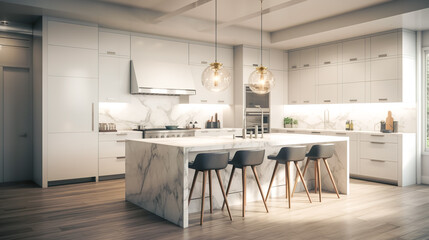 Modern kitchen with center island and bar stools, generative AI.