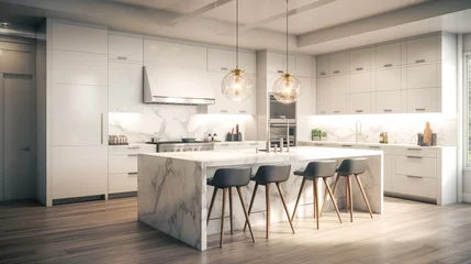 Fotobehang Modern kitchen with center island and bar stools, generative AI. © puhimec