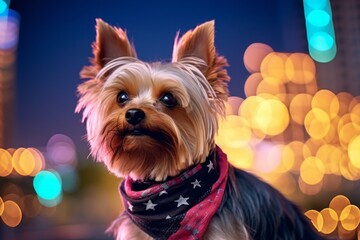 Studio portrait photography of a funny yorkshire terrier leaping wearing a polka dot bandana against a background of bright city lights. With generative AI technology