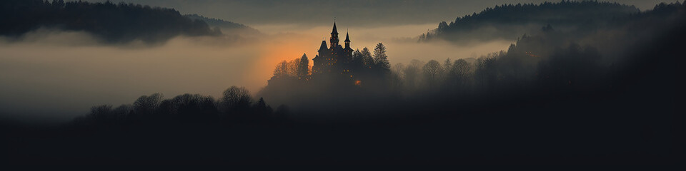 a long narrow panoramic view of the night forest in the mountains and a glowing fairy-tale castle in the fog, a fairy tale of old Europe - obrazy, fototapety, plakaty