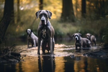 Medium shot portrait photography of a curious great dane playing with other dogs wearing a chef hat against a tranquil forest stream. With generative AI technology - obrazy, fototapety, plakaty
