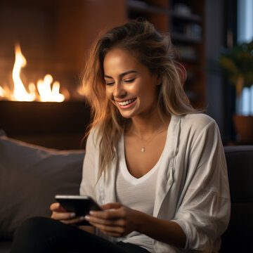 photo of a happy latin woman looking at her phone, sitting in the living room in the morning, pictures on the fireplace behind