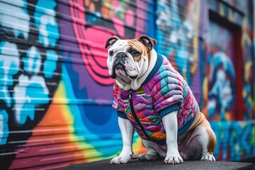 Photography in the style of pensive portraiture of a tired bulldog pawing wearing a festive sweater...