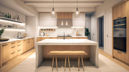 Modern kitchen with center island and bar stools, generative AI.