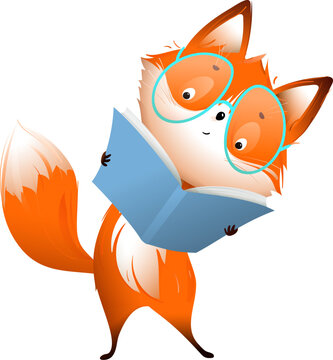 Cute baby fox wearing glasses reading a book, young reader character design for children. Education, school and library illustration for kids. Vector animal character cartoon in watercolor style.