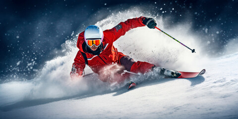 a man skiing downhill, motion sports. Created with generative AI technology. - obrazy, fototapety, plakaty