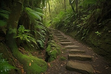 Beautiful trail in El Yunque National Forest, Puerto Rico. Generative AI - obrazy, fototapety, plakaty