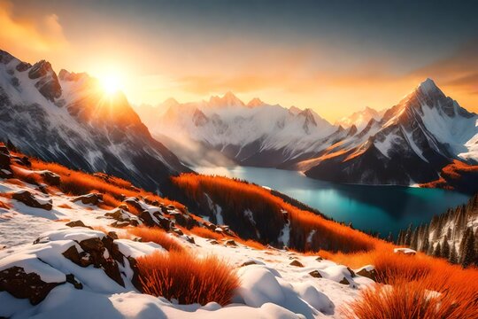 Beautiful snowcapped mountainous photography, golden orange sunlight hitting the mountains and creating beautiful view