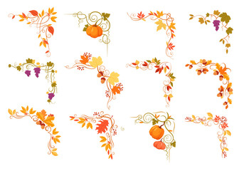 Autumn floral decorative border, frame and corner with plant flower and pumpkin isolated set