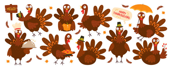 Funny turkey bird cartoon character set happy thanksgiving autumn holiday vector Illustration - obrazy, fototapety, plakaty