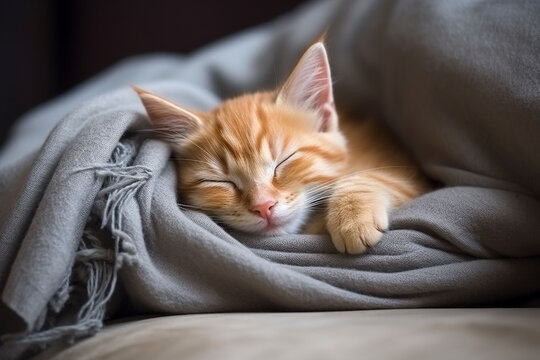 Cute little ginger kitten sleeping on warm plaid, closeup