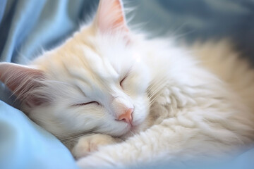 Beautiful white cat sleeping on bed, closeup. Fluffy pet