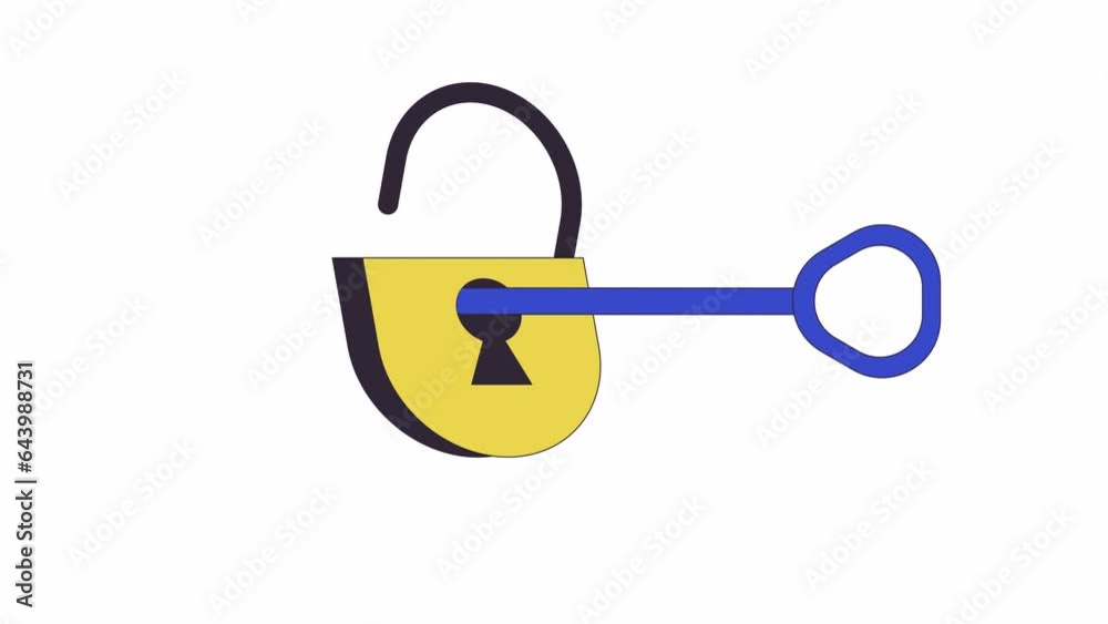 Poster unlocking lock with key in keyhole line 2d object animation. open padlock flat color cartoon 4k vide