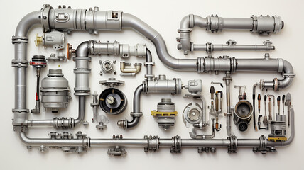 isolated on a white background is a wall with pipes, a water supply system, a complex supply system, a gas pipeline, a fuel pipeline, valves and switches