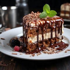 A tantalizing chocolate cake, layered with cream, drenched in chocolate sauce, and adorned with chocolate chunks and a mint leaf. A raspberry and blackberry lend a fruity note. 