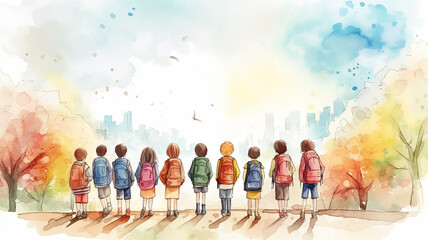 a row of children with backpacks view from the back against a white sky banner poster watercolor painting design back to school camp - obrazy, fototapety, plakaty