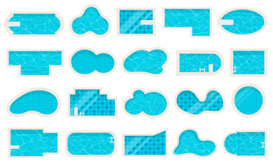 Swimming pool of different shape, form and size with mosaic bottom top view isolated set on white