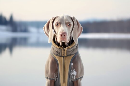 Medium shot portrait photography of a happy weimaraner dog nuzzling wearing a ski suit against a backdrop of a frozen winter lake. With generative AI technology