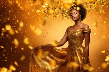 Beautiful african american woman in golden dress with falling leaves on gold background, Luxury photography for advertising , ai generative