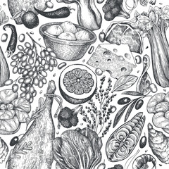 Mediterranean Cuisine Seamless Vector Pattern. Vector Hand Drawn Healthy Food Background. Vintage Style Menu Illustration. - 643988972