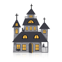 Fototapeta na wymiar Gloomy Halloween church with yellow windows and black cats. Halloween concept.