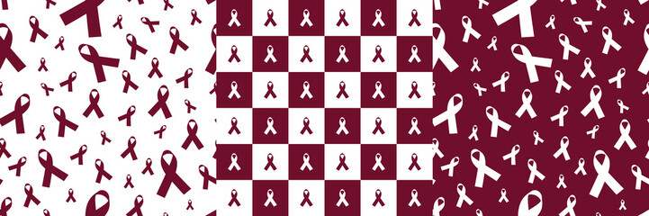 Set of Burgundy Awareness Ribbon Seamless and repeatable pattern on white and Burgundy backgrounds. Editable and scalable Vector Illustration. For headaches, Hughes's, Hirschsprung's, Meningitis
