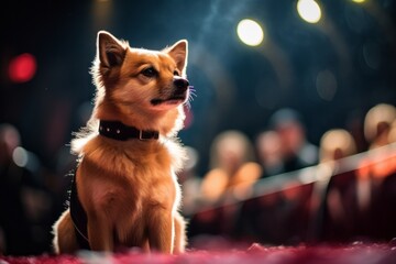 Environmental portrait photography of a cute norwegian lundehund digging wearing a leather jacket against a lively concert stage. With generative AI technology - obrazy, fototapety, plakaty