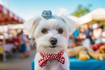 Lifestyle portrait photography of a cute maltese swimming wearing a polka dot bandana against a vibrant farmers market. With generative AI technology