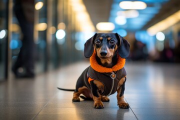 Lifestyle portrait photography of a cute dachshund panting wearing a halloween costume against a bustling airport terminal background. With generative AI technology