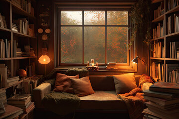 A cozy homely reading nook with a sofa near a large window with a picturesque view of the colorful autumn trees. - Powered by Adobe