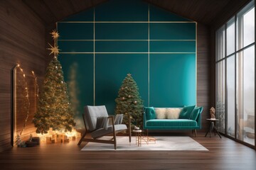 Living room in a modern style with wooden floors and walls, a blue accent wall and festive decor with Christmas trees.