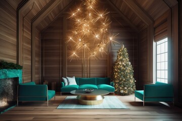 Obraz premium A beautifully decorated Christmas home with a festive tree, a warm fireplace and vintage accents. The cozy atmosphere is ideal for festive celebrations with family and friends.