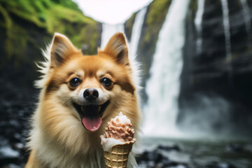 Medium shot portrait photography of a curious norwegian lundehund licking an ice cream cone wearing a spiked collar against a backdrop of a spectacular waterfall. With generative AI technology